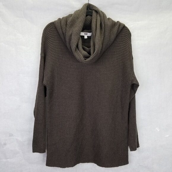 E3 Etcetera Sweater Womens L Brown Removable Cowl Neck Wool Blend Brown Rib Knit - Picture 1 of 15